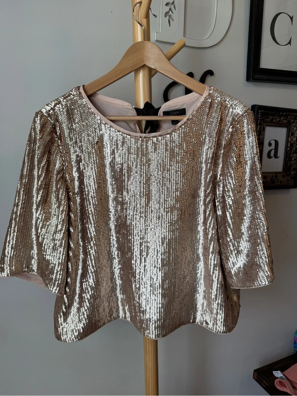 J Crew Rose Gold Sequins Top Bow Back Cropped Blouse Size 10 Party Holiday